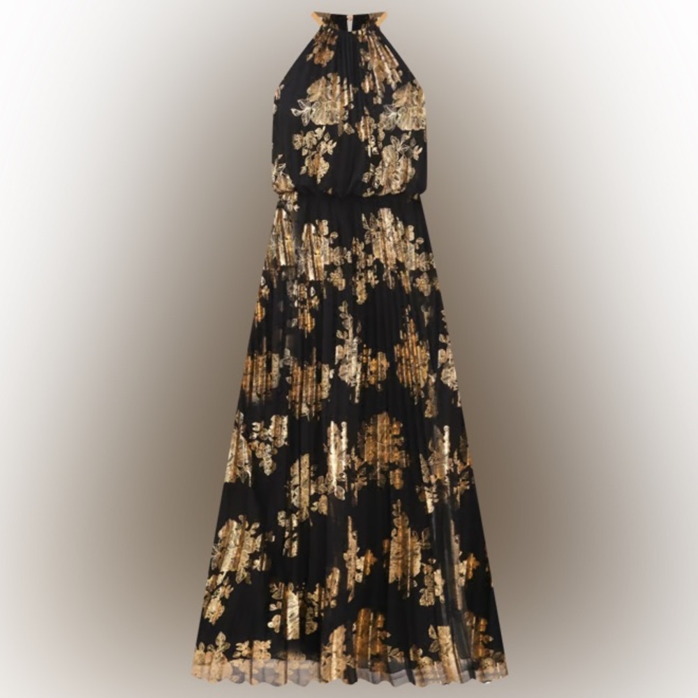 MSK Metallic Pleated Halter Maxi Dress Gold Foil Greek Goddess Size 12